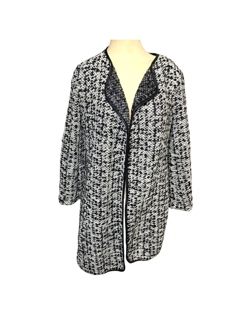 Angela Mara Italy Classic Black White Knit Open Cardigan Sweater Wool Blend Sz M